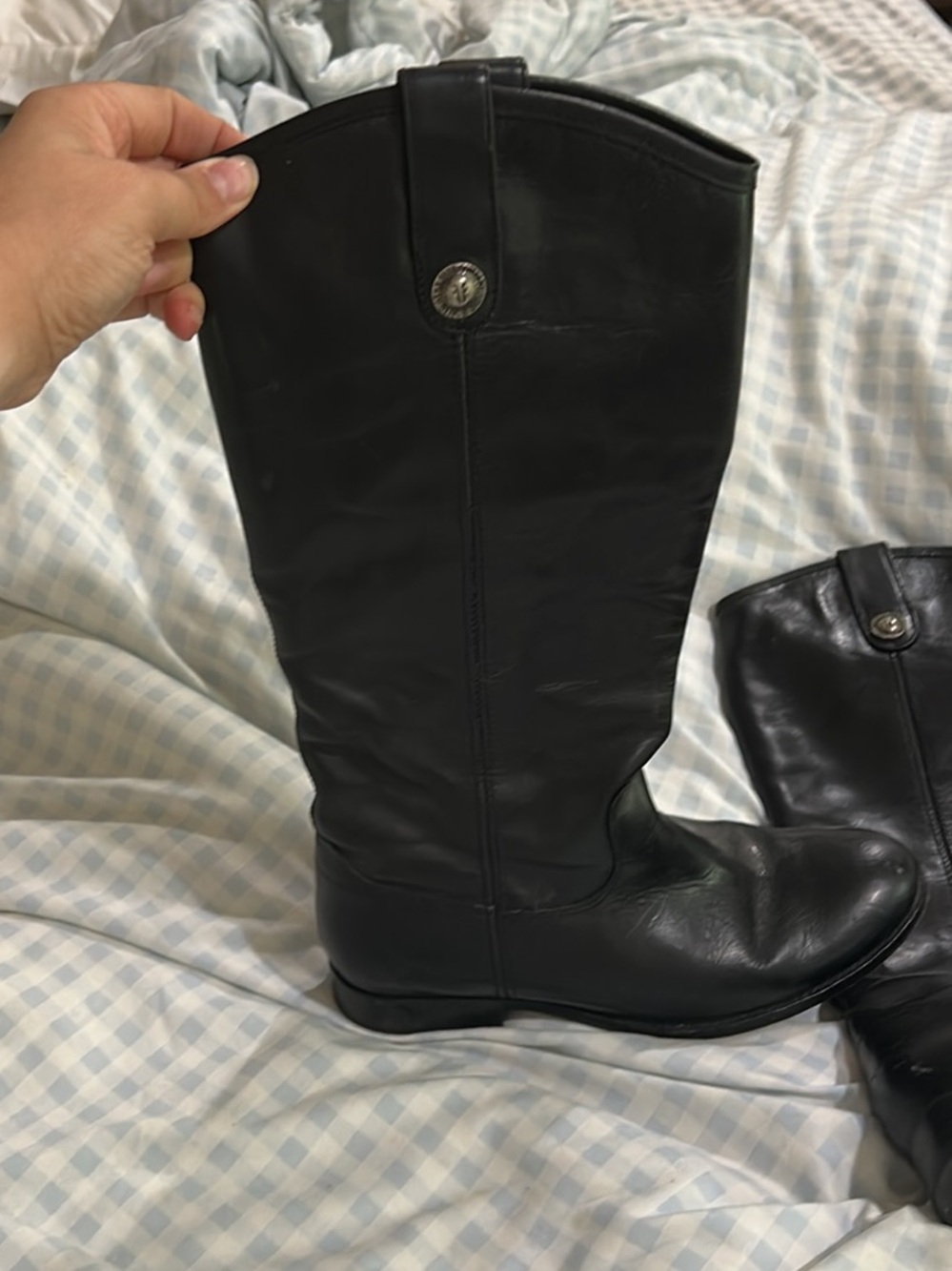 Frye Black Leather Mid-Calf Button Detail Boots